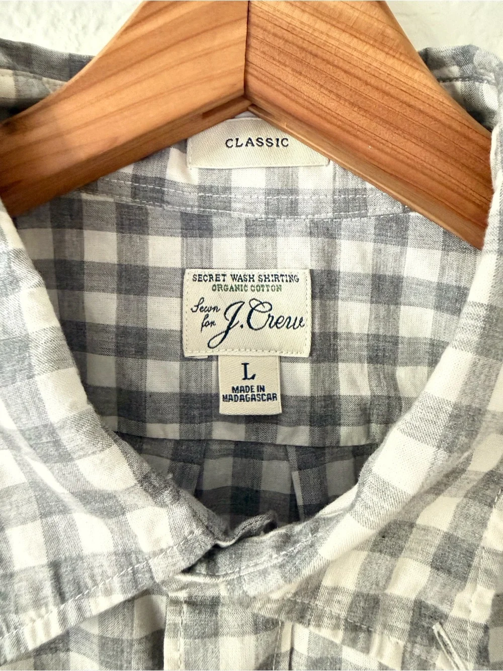 J. Crew Gray and White Gingham Button-Down Shirt, Size L